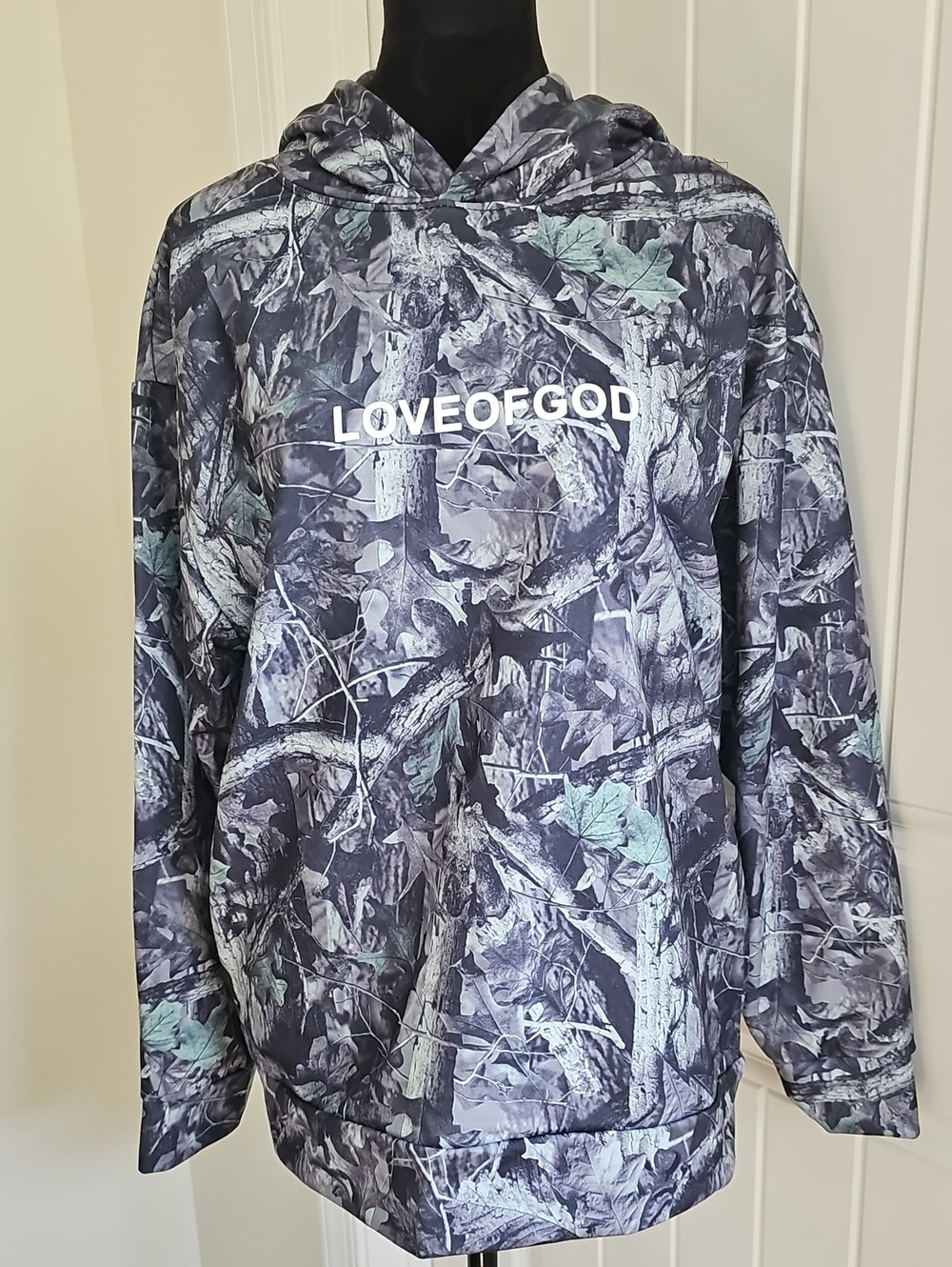 NEW LOVE OF GOD Camouflage Hoodie - Grey/Green, Womens Medium